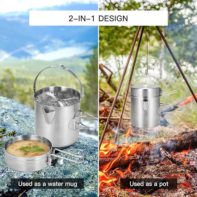 Lixada Camping Cooking Kettle 1L Stainless Steel Pot with Foldable Handle and Dual Use Cover Portable for Hiking Backpacking Picnic