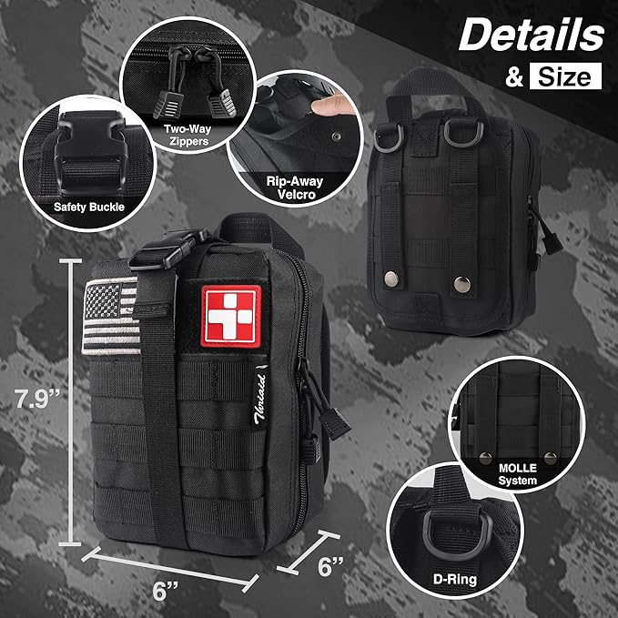 Survival First Aid Kit with Israeli Bandage, Splint, Chest Seal, Tactical Military Combat Molle IFAK for Wound Care, Bleeding Control, Trauma Hemorrhage and More