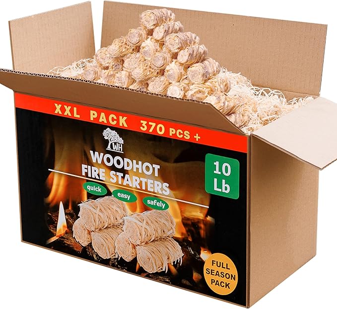 WH 370 pcs Natural Fire Starters for Campfires & Grill - 10lb Large Box - Long-Burning Charcoal Starters - Odorless Firestarters for Outdoor Fire Pit, Fireplace - Quick Ignite