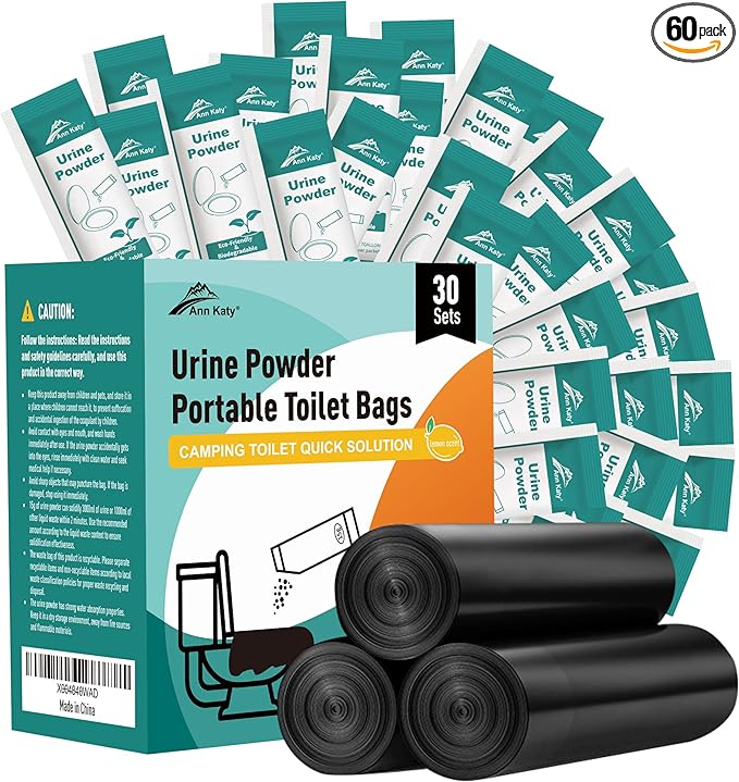 Super Absorbent Polymer 30 Packs,Portable & Fast-Absorbing Camp Toilet Chemicals Gel with 5 Gallon Bucket Toilet Luggable Drawstring Bag, Emergency Toilet Bag&Potty Gel