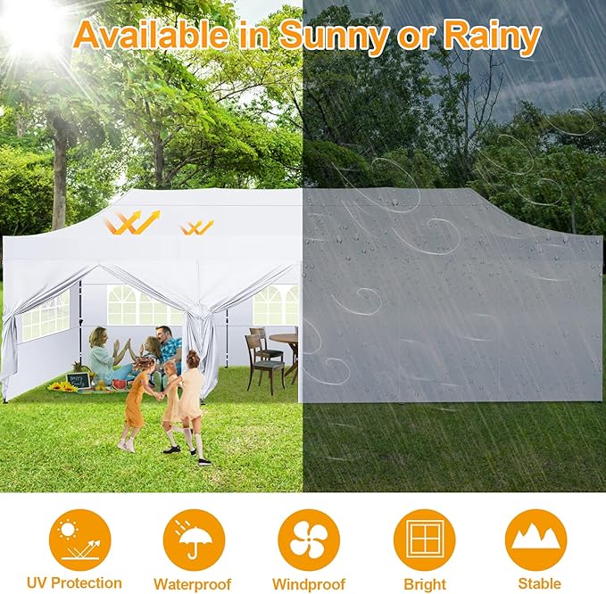 COBIZI 10x30 Pop Up Canopy with 8 Sidewall,Heavy Duty Canopy UPF 50+ All Season Wind Waterproof Commercial Outdoor Wedding Party Tents for Parties Canopy Gazebo with Roller Bag(10 x 30 ft White)