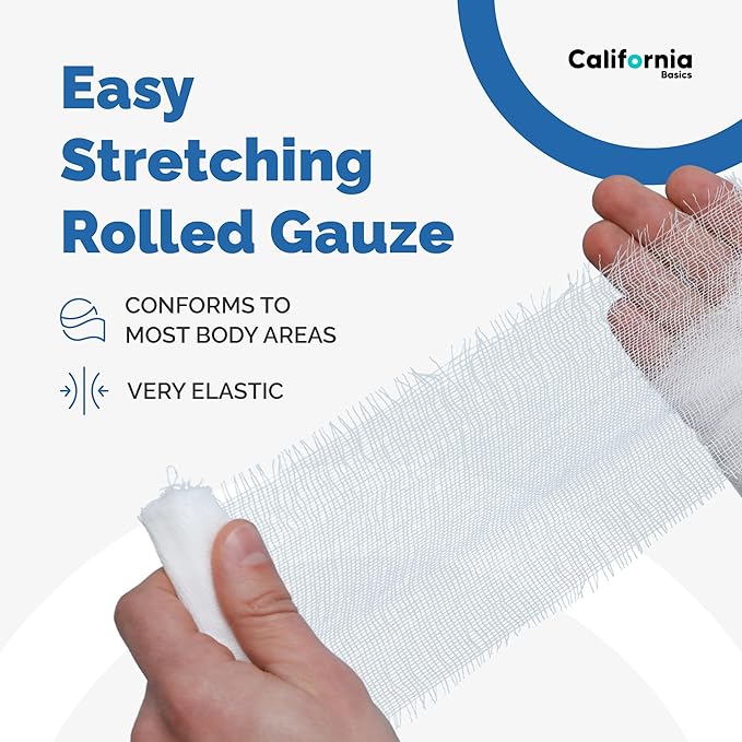 California Basics 24-Pack Gauze Bandage Roll with Tape, 2 Inches x 4 Yards - Soft, Stretchable & Breathable Wrap for Wound Care, First Aid & Medical Supplies - White