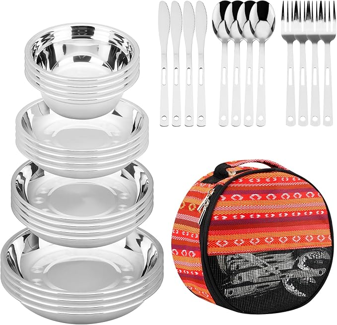 Camping Mess Kits - 28pcs Camping Dinnerware Set Camping Gifts Camping cookware Sets Camping Accessories Camping Cooking Utensils Set Bowls, Plates, Knives, Forks, Spoons