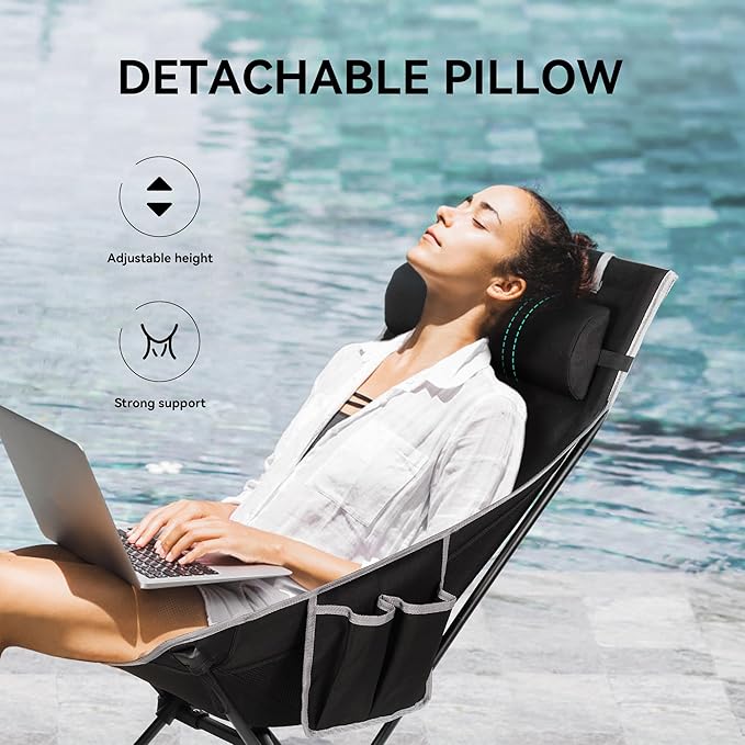 Portable High Back Camping Chair, Support Heavy Duty 440 lbs, Lightweight Folding Chair with Adjustable Pillow for Hiking, Beach, Backpacking