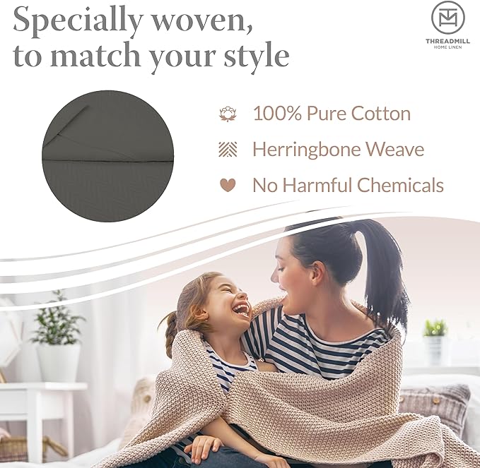 Threadmill Luxury Cotton Blankets for Twin Size Bed | All-Season 100% Cotton Twin Blanket for Bed | Herringbone Soft & Cozy Fall Thermal Blanket, 350GSM, 68x92 inches | Dark Grey
