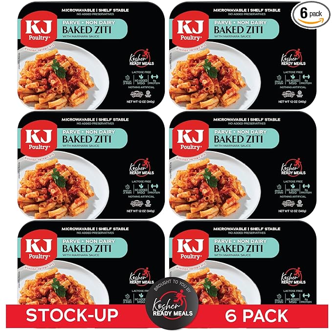 KJ Poultry Kosher Parve Ready Meals - Baked Ziti, MRE Meals Ready to Eat, Halal, (6 Pack) Prepared Entree Fully Cooked, Shelf Stable Microwave Dinner Travel, Military, Camping, Emergency Survival