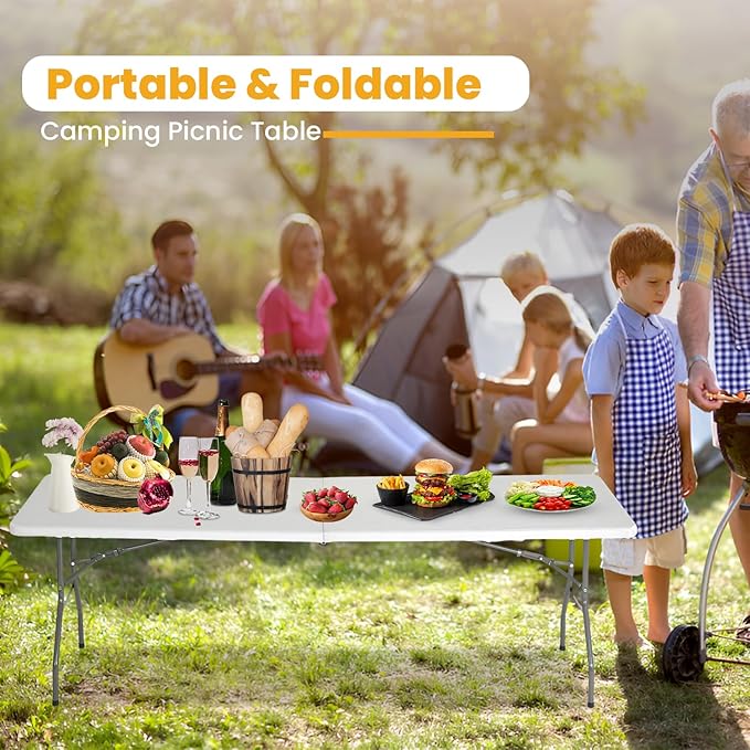 FDW 6FT Folding Picnic Table for Outdoor, Portable Fold-in-Half Plastic Dining Picnic Party Table with Carrying Handle