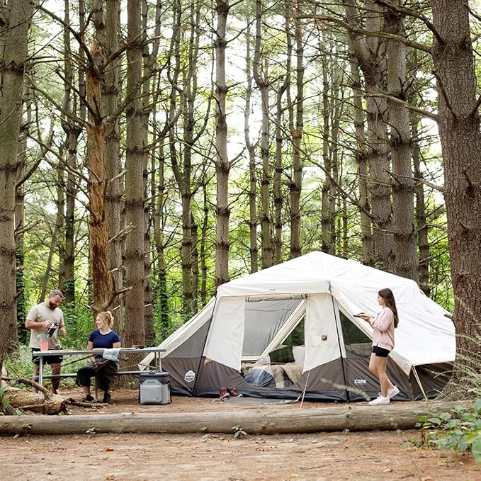 CORE Instant Cabin Tent with LED Lights | Large Family Lighted Pop Up Tent with Carry Bag for Camping, Glamping, and Backyard Adventures | Included Storage Pockets for Camp Accessories