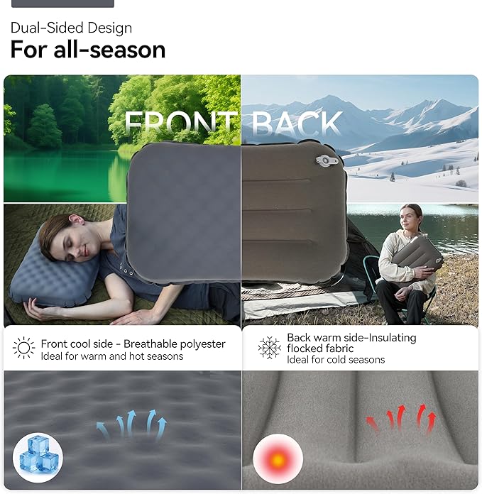 MARCHWAY Inflatable Camping Pillow with Soft Foam Top & TPU Air Bladder, Dual-Sided Support for All-Season, Lightweight Compact Travel Pillow for Hiking, Backpacking, Airplane, Car (Grey)