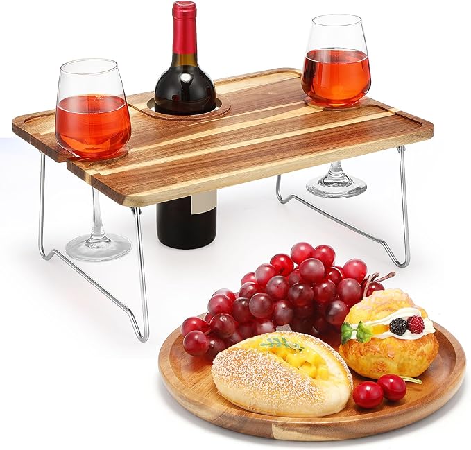 Picnic Foldable Wine Table with Natural Wood Plate Kit, Handmade Handle Portable Tray Table with Food Plate for 2 Outdoor Camping Picnic Wine Set Gift for Couples (Dark Color)