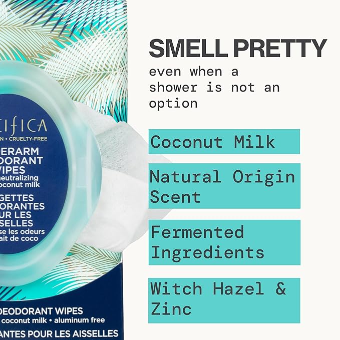 Pacifica Deodorant Wipes - Coconut Scented Body Wipes, Aluminum-Free After Workout Underarm Deodorant, Helps Fight Body Odor, Travel, Summer, Long Flight, and Gym Essentials for Men and Women - 30 pcs