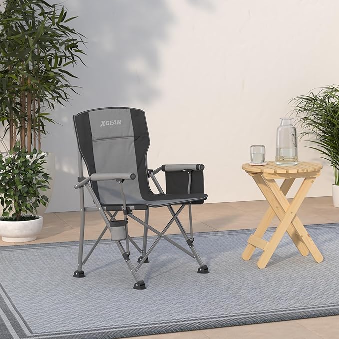 XGEAR Camping Chair with Padded Hard Armrest, Sturdy Folding Camp Chair with Cup Holder, Storage Pockets Carry Bag Included, Support to 400 lbs