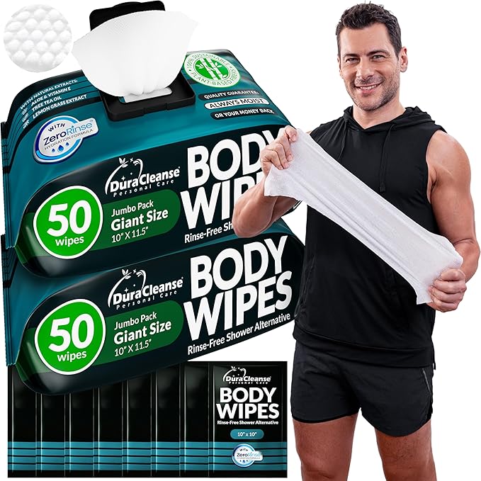Body Wipes for Men (2pk) - 100 XL No Rinse Shower Sheets + 8 Travel Bath Wipes - 9"x12" After Gym Adult Washcloths - Mens Deodorant, Face Towels, Hunting & Camping Essentials, Survival Gear & Supplies