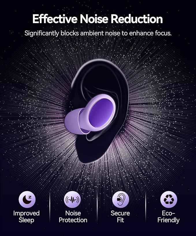 Ear Plugs for Sleeping 45dB Noise Cancelling Ear Plugs for Concerts & Noise Reduction, Earplugs for Sleep, Snoring Airplane Musician Calmer, Silicone Earplugs Reusable Concert Ear Plug +8Tip Violet