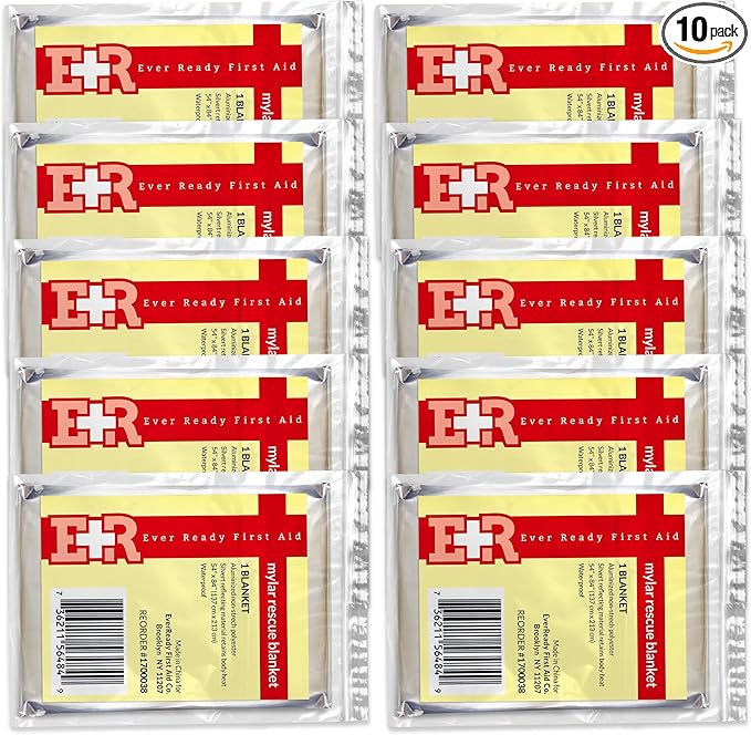 Ever Ready First Aid Mylar Rescue Blanket, Large Silver Thermal Sheet for Emergency and Survival, 54” x 84” – 10 Count