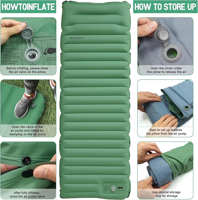 Camping Sleeping Pad,Ultralight Inflatable Camping Pads with Pillow & Foot Pump for Outdoor Hiking Travel Tent Backpacking Trip Car Camp Gear, Airpad Carry Bag,Compact Camping Mat, Green