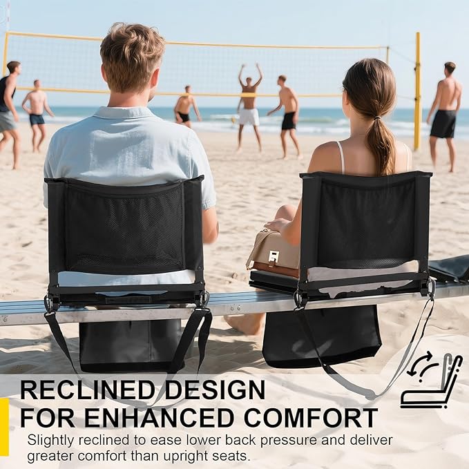 Stadium Seats with Back Support for Bleachers, Folding Bleacher Chairs with Back and Cushion, Padded Seat with Shoulder Strap, Large Mesh Pocket & Carry Handle, Black