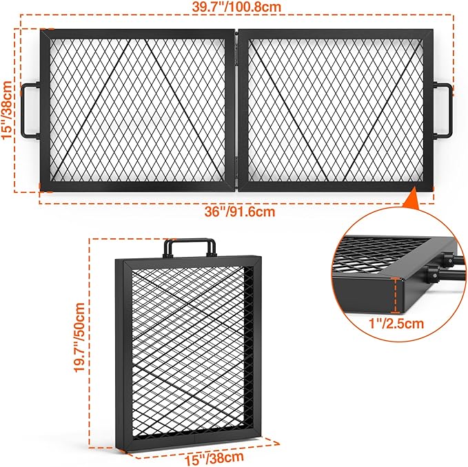 only fire Foldable X-Marks Fire Pit Cooking Grate, Portable Rectangle Campfire Grill Grate with Handles, Heavy Duty Steel Campfire BBQ Grill for Outdoor, 36 inch