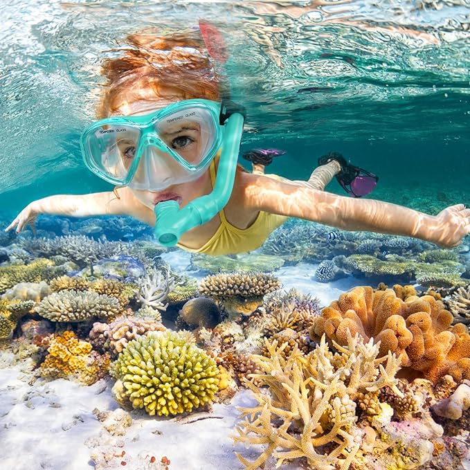 Kids Snorkel Set Dry Top Snorkeling Gear for Kids Youth Boys Girls Junior Age 5-15,Tempered Glass Swimming Diving Mask and Snorkel Set 180 Degree Panoramic View