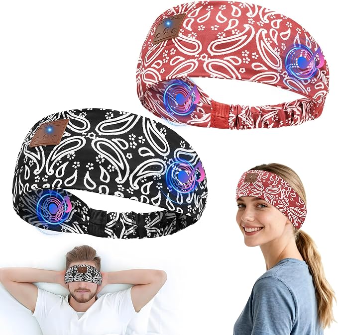 2-Pack Bluetooth Sleeping Headphones, Bluetooth Headband with Ultra-Thin HD Speakers, Headband Headphones for Yoga, Running, Workout, Travel, Sports, Unique Presents for Adult Teens - Black&Red