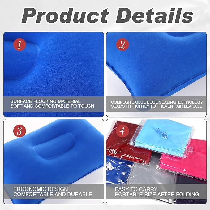 Geelin 12 Pack Inflatable Travel Pillow Squared Flocked Fabric Air Pillow Ultralight, Compact and Comfortable for Traveling, Camping, Hiking, Napping, Desk Rest, Neck Lumbar Support (16.93 × 10.63)