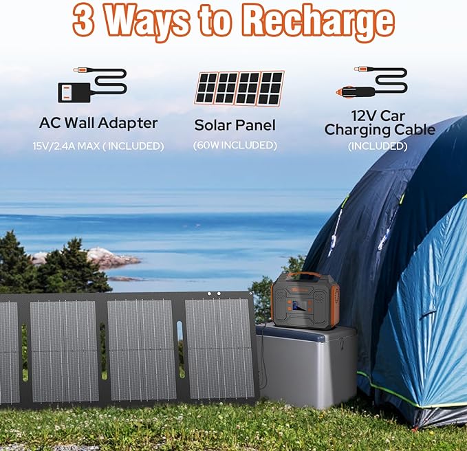 Portable Solar Generator, 300W Portable Power Station with Foldable 60W Solar Panel, 110V Pure Sine Wave 280Wh Lithium Battery Pack with USB DC AC Outlet for Home Use RV Van Outdoor Camping-Orange