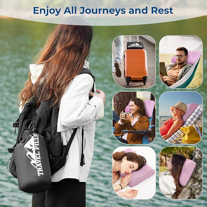 Travel Pillow Memory Foam Pillows, Ergonomic Wave Cervical Neck Pillow for Neck Pain Relief, Compressible Medium Firm Side Sleeper Pillow, Ideal for Camping, Office, Home & Bed (Pink, S)