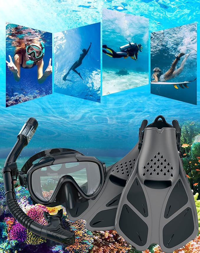 Snorkeling Gear for Adults Men Women,4 in 1 Snorkel Set with Panoramic View Diving Mask Anti-Fog Anti-Leak,Dry Top Snorkel,Fins and Travel Bag for Swimming,Snorkeling and Travel Diving