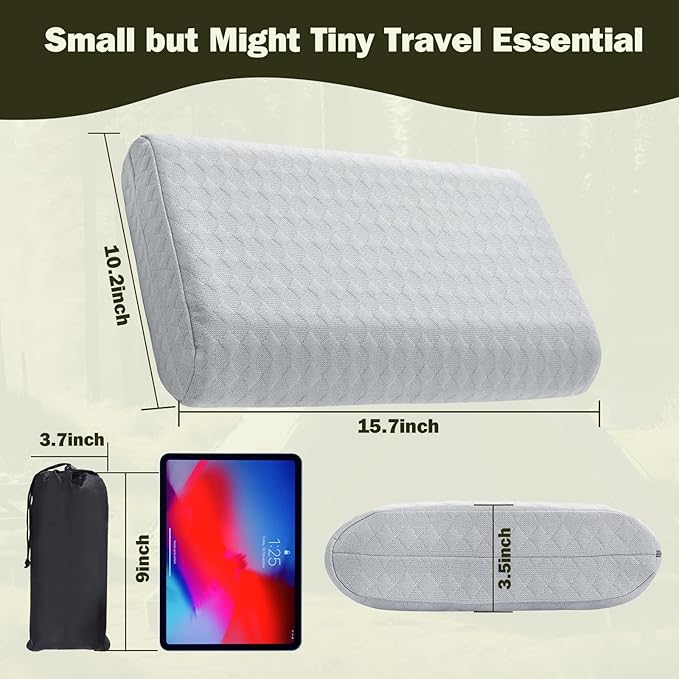 Vekkia Travel Pillow with Memory Foam, Portable and Compressible Camping Pillow with Washable Cover, Ergonomic Supportive for Sleeping, Ideal for Adults & Kids Travel, Hiking, Airplane, Car (Gray S)
