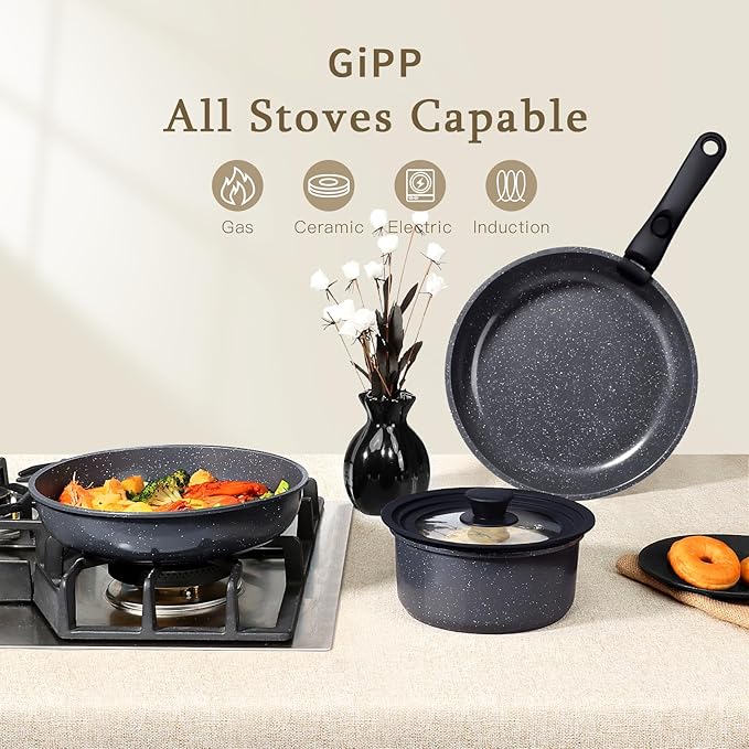 GiPP Ceramic Pots and Pans Set Non Stick, Nonstick Detachable Handle Cookware Sets, Healthy Non Toxic PFAS PFOA & PTFE Free, Dishwasher ＆Oven Safe, Induction Kitchen Pot and Pan, 15 Piece Grey