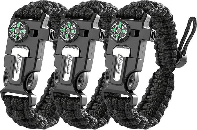 Paracord Survival Bracelet (3 Pack) - Adjustable with Fire Starter, Whistle, Compass - Survival Gear for Hiking, Camping, Fishing