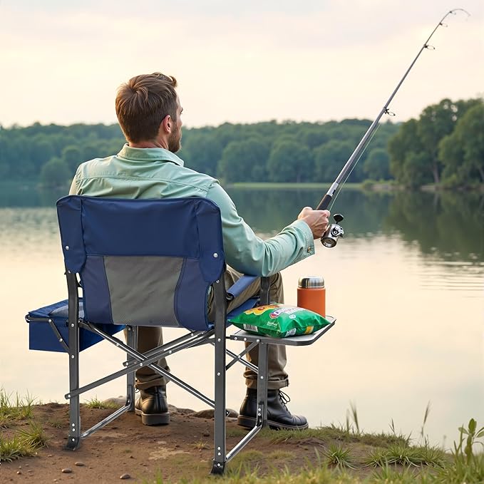 Folding Camping Chair, Heavy Duty Chairs for Adult, Directors Chair, Folding Beach Chair, Oversized Portable Camping Chair with Side Table and Cooler, 400lbs Capacity for Beach, Fishing, Trip, Picnic