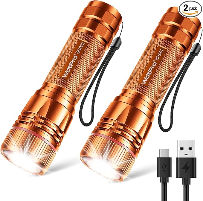 WdtPro Rechargeable Flashlights High Lumens, 2 Pack Super Bright LED Small Tactical EDC Flashlight with 10H Runtime, Portable Flash Light for Camping,Home,Emergency Essentials Orange Battery Included