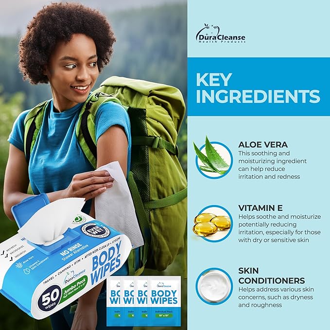 Dura Cleanse Body Wipes for Adults Bathing No Rinse (2 Pack) 100 XL Shower Wipes + 8 Travel Bath Sheets - 9" x 12" Extra Thick Waterless Adult Disposable Washcloths for Camping, Elderly Incontinence