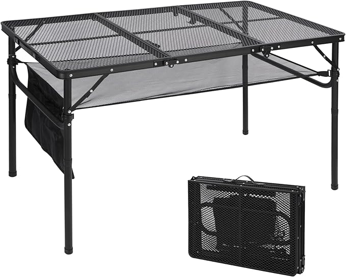 REDCAMP 48x24 Long Folding Grill Table for Outside, Lightweight Portable Double Layer Metal Aluminum Outdoor Grill Table with Adjustable Height Legs, Great for Camping Picnic Cooking BBQ, Black 4ft