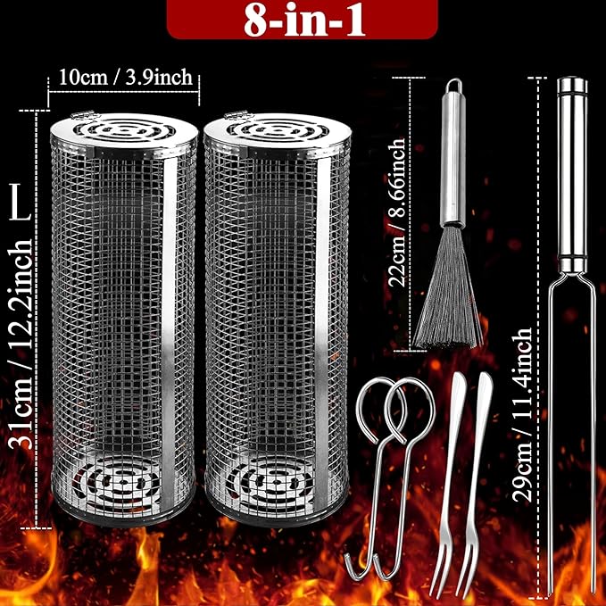 Rolling Grilling Baskets for Outdoor Grill Bbq Net Tube Must Have Large Barbecue Cylinder Cage Round Mesh Essentials Gadgets Cooking Accessories for Picnic Veggies Vegetable Fish Meat, Gift for Men