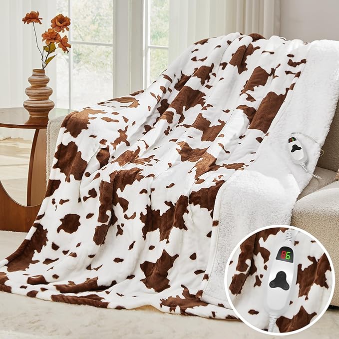 Cow Print Heated Electric Blanket Twin Size,62X84 Brown Heating Blanket with 10 Heats Levels & 8 Hours Auto Off,Highland Cow Fleece Sherpa Blankets Warmer Gifts for Women Adults Couch,Washable,ETL