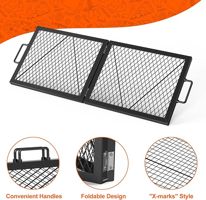 only fire Foldable X-Marks Fire Pit Cooking Grate, Portable Rectangle Campfire Grill Grate with Handles, Heavy Duty Steel Campfire BBQ Grill for Outdoor, 36 inch