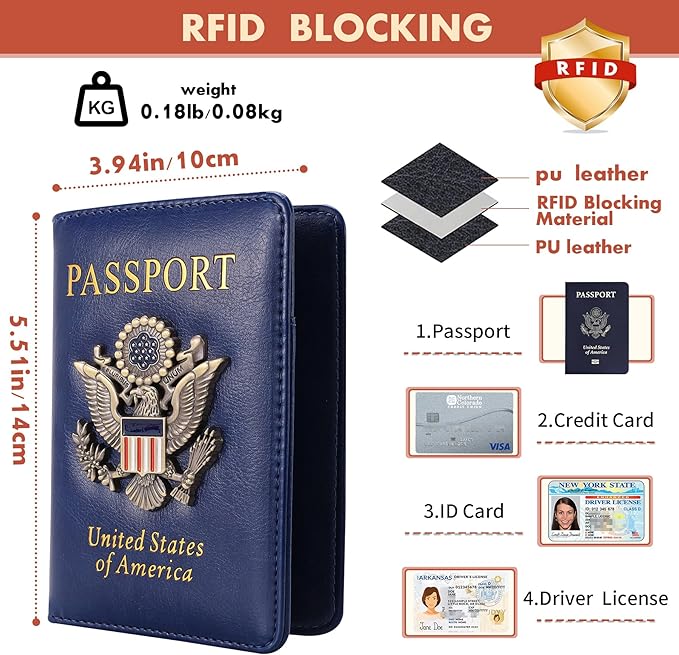 2 Pcs Passport Holder for Travel with Card Slot RFID Blocking Leather Family Passport Wallet Travel Accessories for Men and Women (Blue and Black)