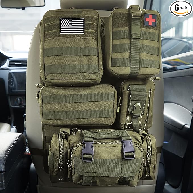Universal Tactical Car Seat Back Organizer Bag Tactical Molle Vehicle Organizers Panel Vehicle Protector Organizers with 5 Detachable Pouches for Car Truck Ford Jeep (Army green)