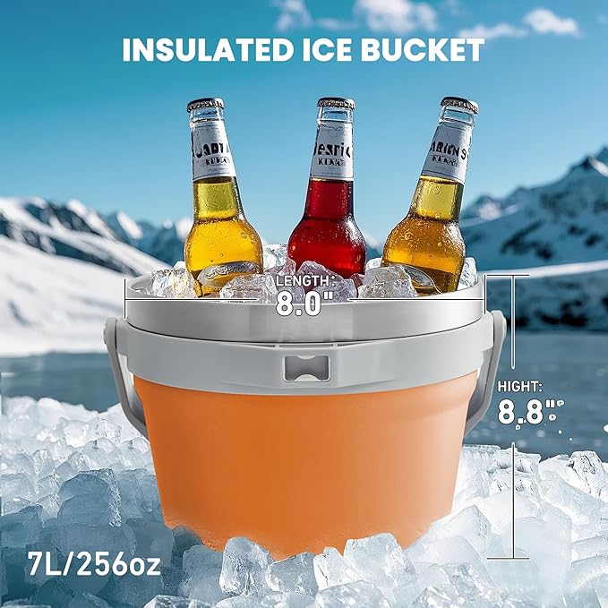 COKTIK 7L Vacuum Insulated Ice Bucket with Lid and Scoop& Tongs，Large capacity Stainless Steel Beverage Bucket for Cocktail, Champagne, Wine, Beer，Large Parties（Orange Suit）