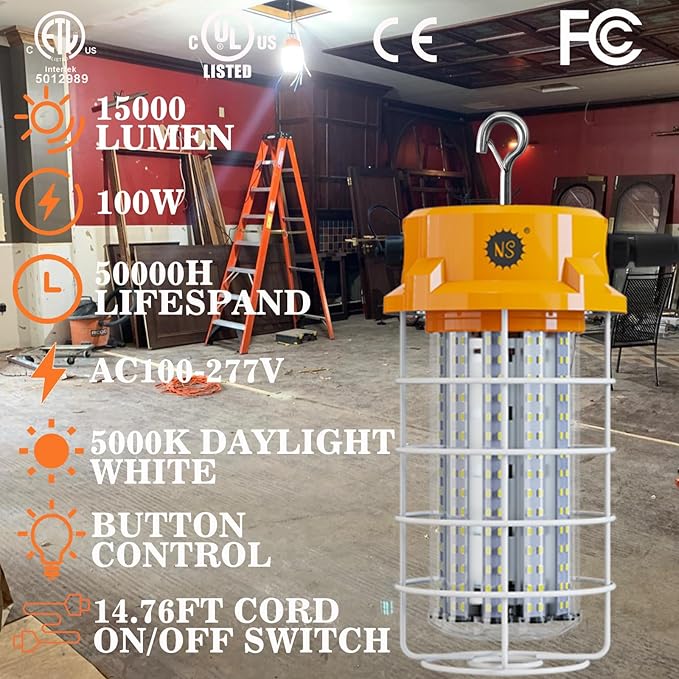 15000LM 100W LED Work Light with 360° Coverage | ETL/UL Certified | Daisy Chain 30 Units | Alternative to 1300W Incandescent HID/HPS | 14.76FT Power Cord with US Plug