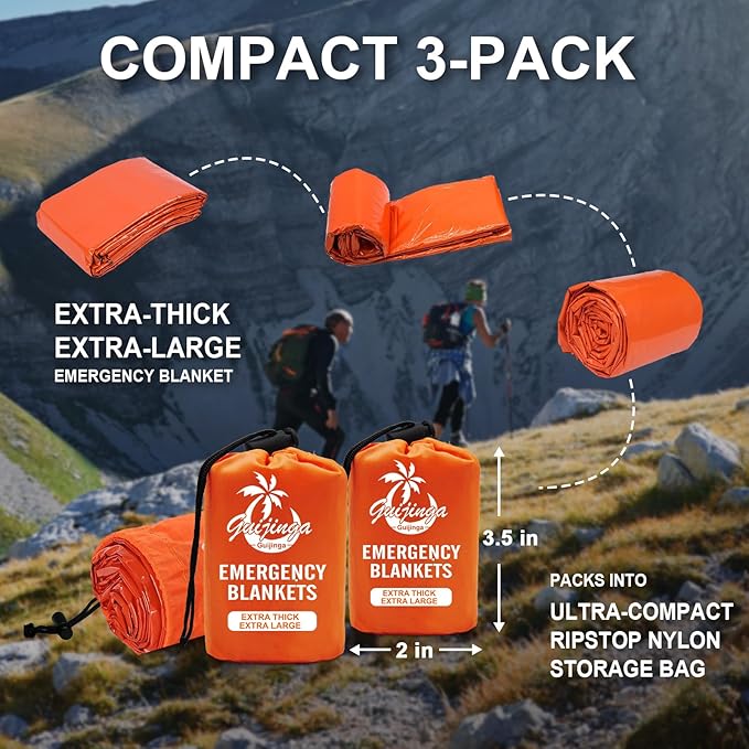 3-Pack Emergency Blanket, Extra-Thick Extra-Large Survival Blanket, Thermal Reflective Emergency Thermal Blanket for Outdoor Adventures, for Camping, Hiking, and Car Emergencies
