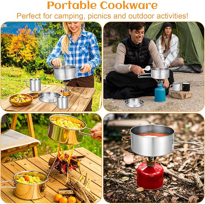 15 Pcs Camping Cookware Set, Stainless Steel Outdoor Camping Cooking Kit with Pot and Pan Cups Plates Forks Knives Spoons Kit for 1-2 Person Camping, Backpacking, Outdoor Cooking and Picnic