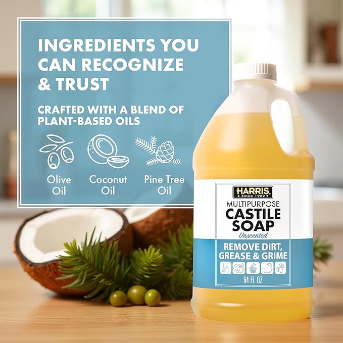 HARRIS Multi-Purpose Pure Castile Soap, Made with Olive, Coconut, and Pine Tree Oil, Uses for Cleaning Face, Body, Hand, Hair, Home, Dishes, and Laundry
