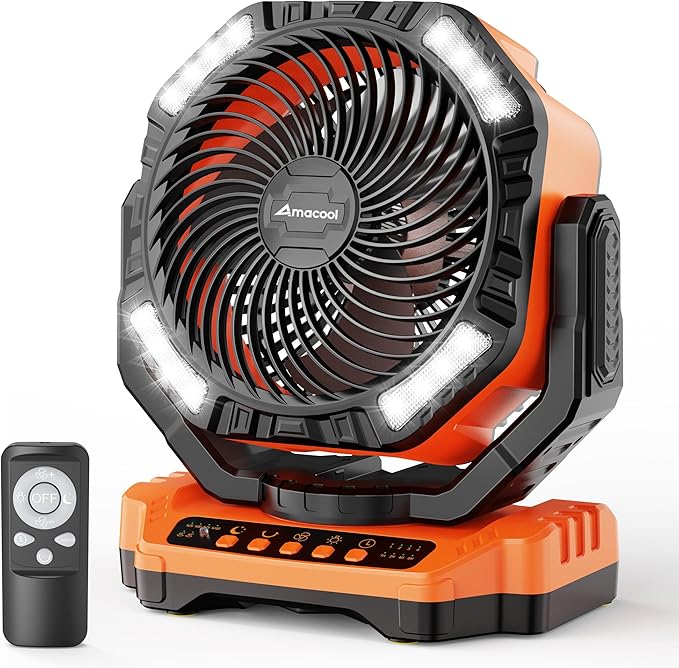 AMACOOL 20000mAh Rechargeable Camping Fan, Battery Operated Fan with Light, 68Hrs Work Time, 4 Speed, Auto Oscillating Outdoor Fans with Hook for Tent RV Car Travel Emergency Power Outages
