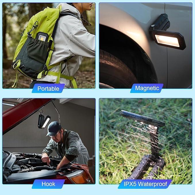 Work Light, Portable LED Work Lights, 7000mAh Rechargeable Camping Lights,1200 Lumens Magnetic Work Light for Job Site,Emergency and Camping (Black)