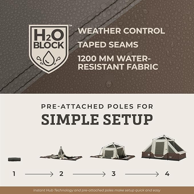 CORE Instant Cabin Tent with LED Lights | Large Family Lighted Pop Up Tent with Carry Bag for Camping, Glamping, and Backyard Adventures | Included Storage Pockets for Camp Accessories