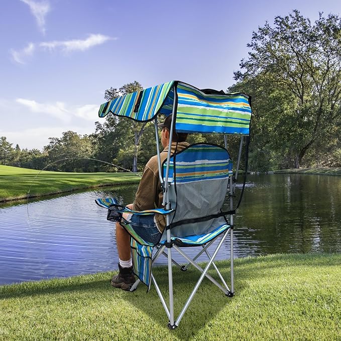 Portable Camping Chair with Adjustable Canopy Shade- Folding Camping Lounge Chair with Cup Holder & Side Pocket for Outdoor Camping, Fishing, Beach - Support 330 LBS (STREAK-2PK)