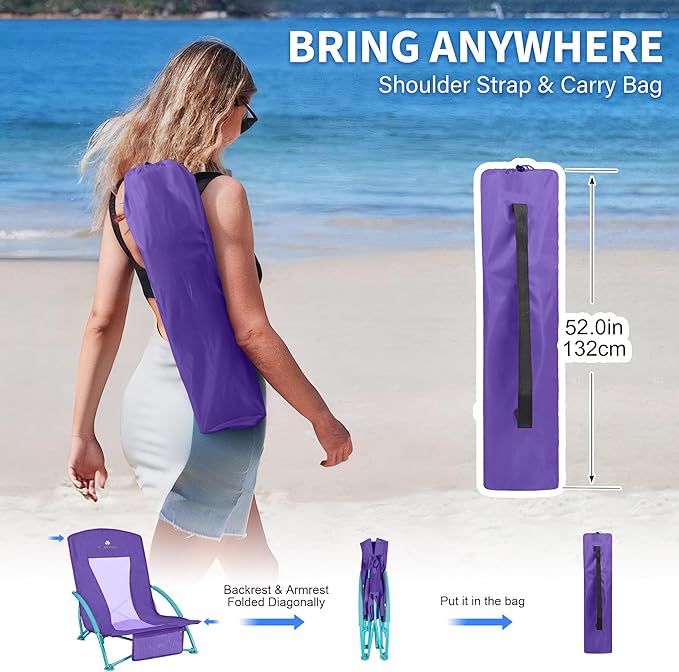 Low Beach Chairs 2 Pack,Folding Compact Low Seat Chairs for Adults w/Mesh Back & Storage Bag,Heavy Duty Chair for Outdoor Sand,Travel,Camping,Picnic,Purple